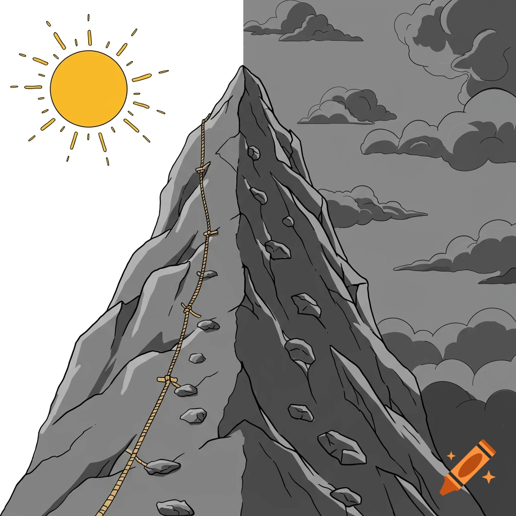 Stylized illustration of a mountain split: left side sunny with rope path, right side cloudy with rock path.