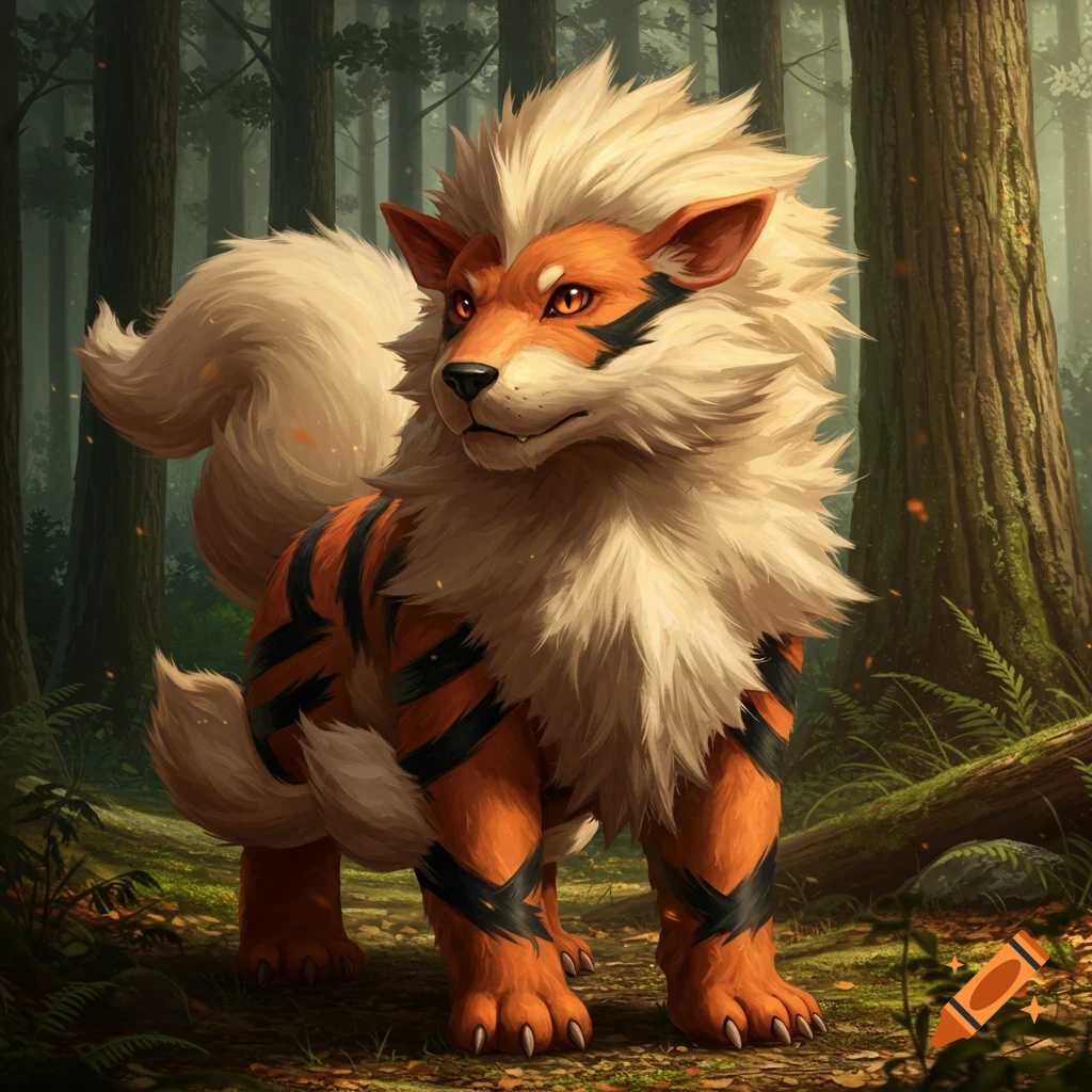 An Arcanine standing in a forest.