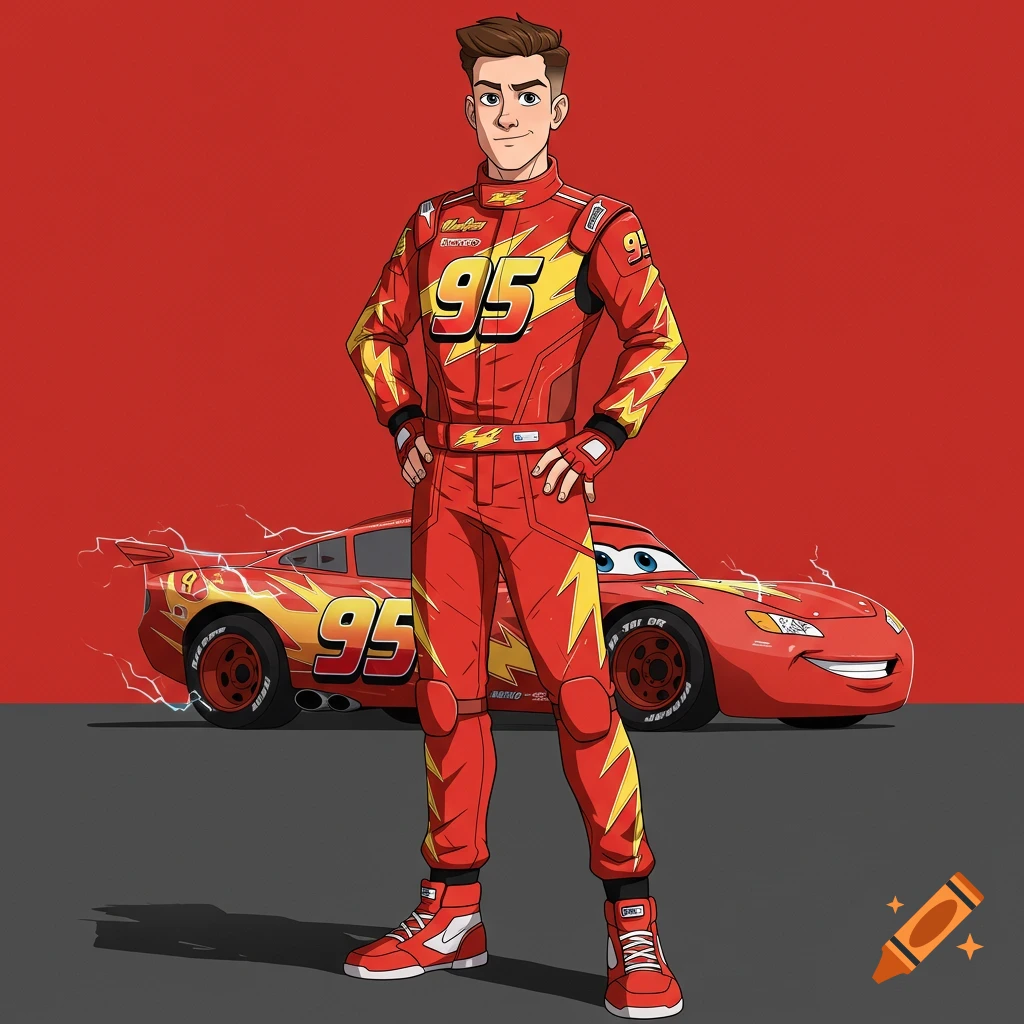 Cartoon-style humanized Lightning McQueen in a red racing suit stands in front of his car.