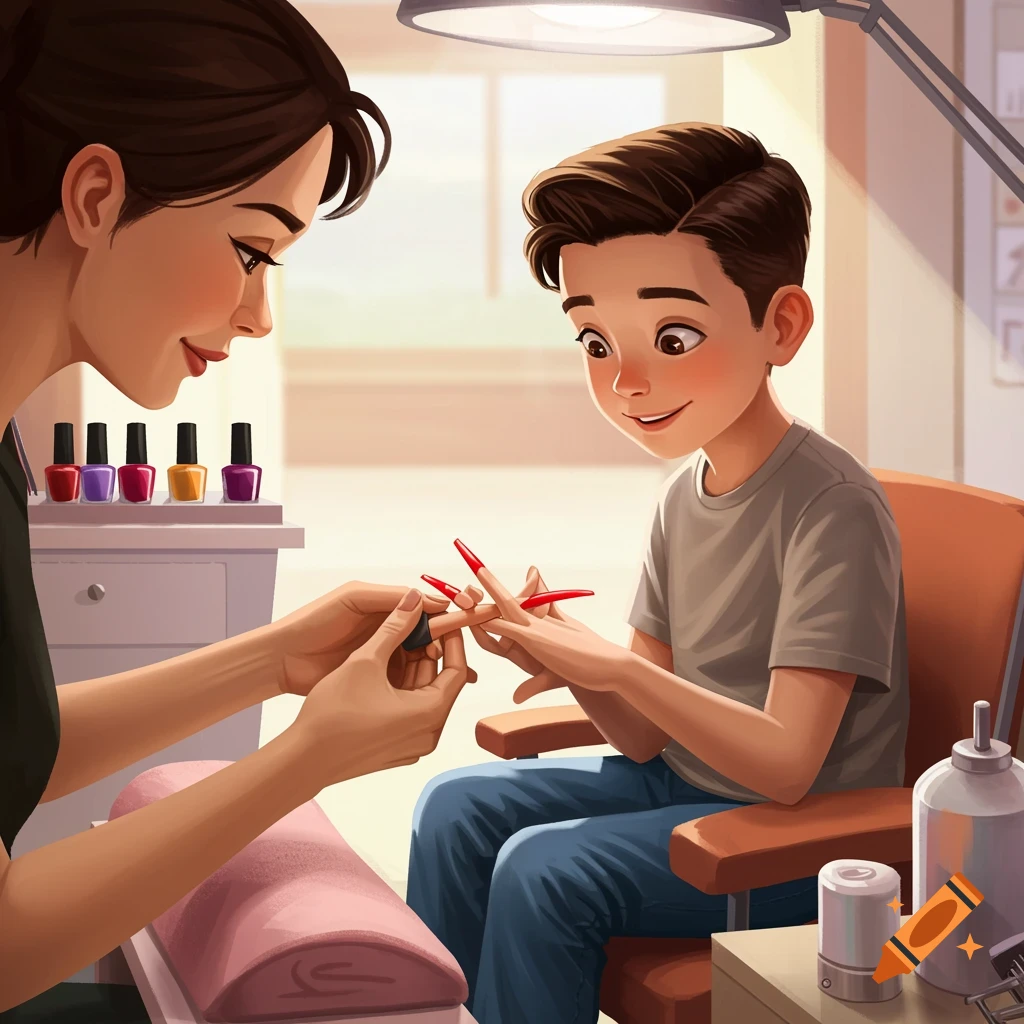 A boy is getting a long red fake nail applied at a salon.