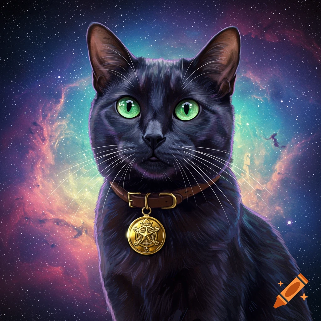 A black cat with green eyes wearing a collar with a badge, against a starry space background.