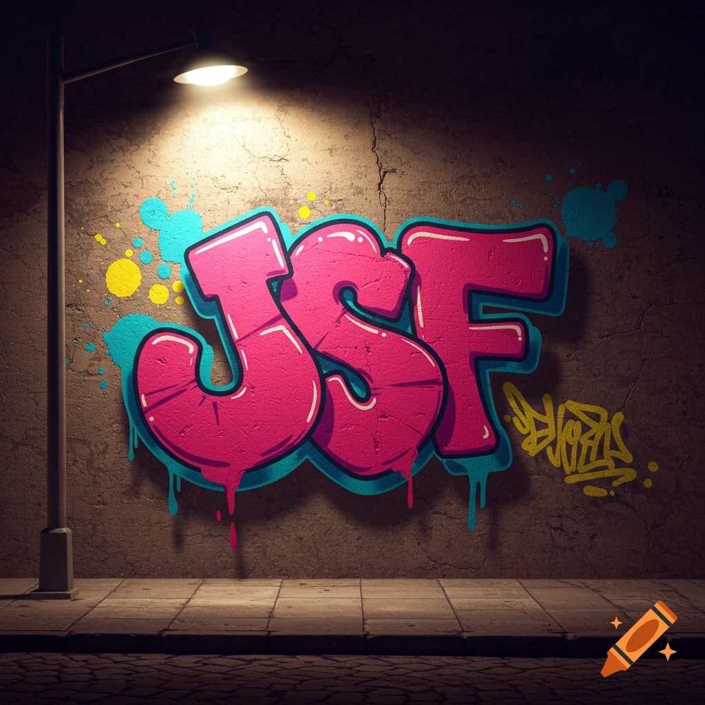 Graffiti art of the letters JSF on a wall under a street lamp at night.