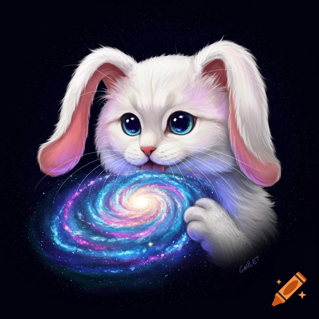 Cute creature with bunny ears holding a swirling galaxy