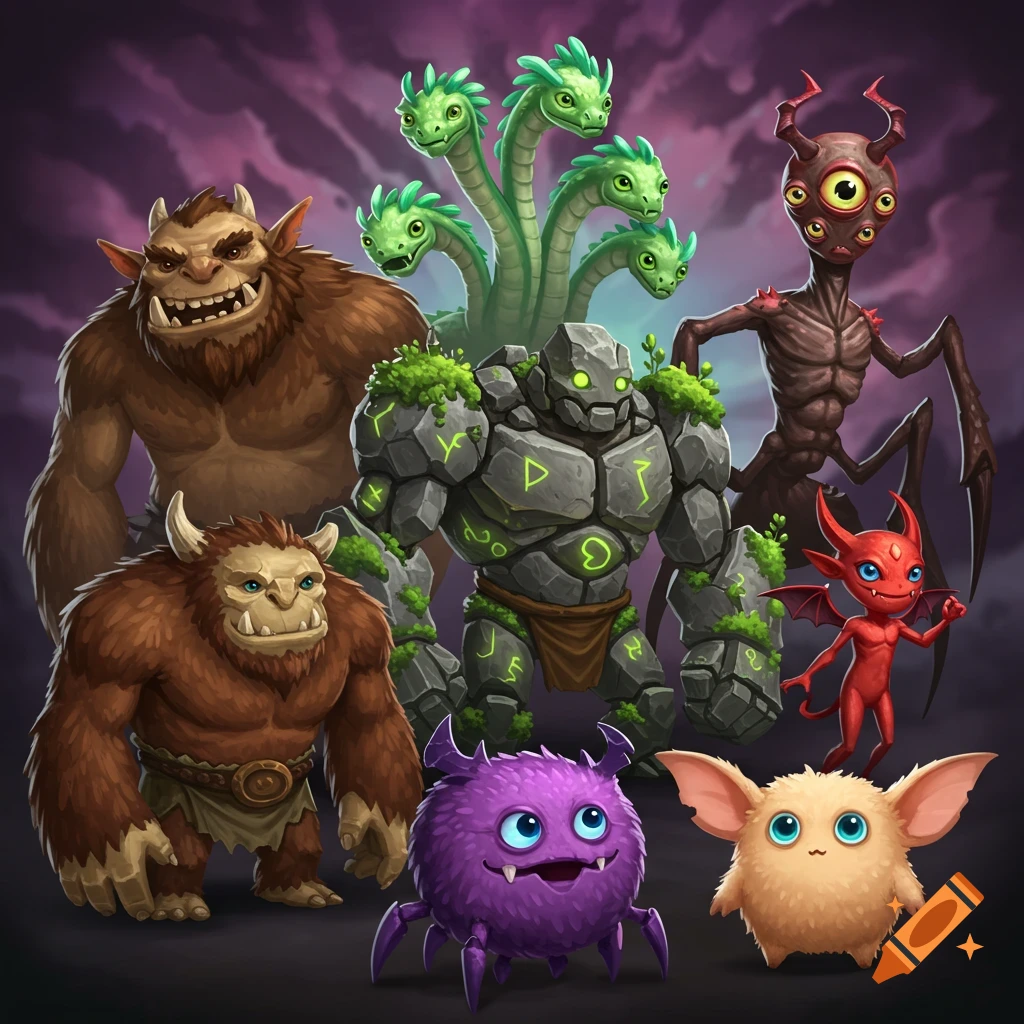 A digital illustration of a group of fantasy monsters.