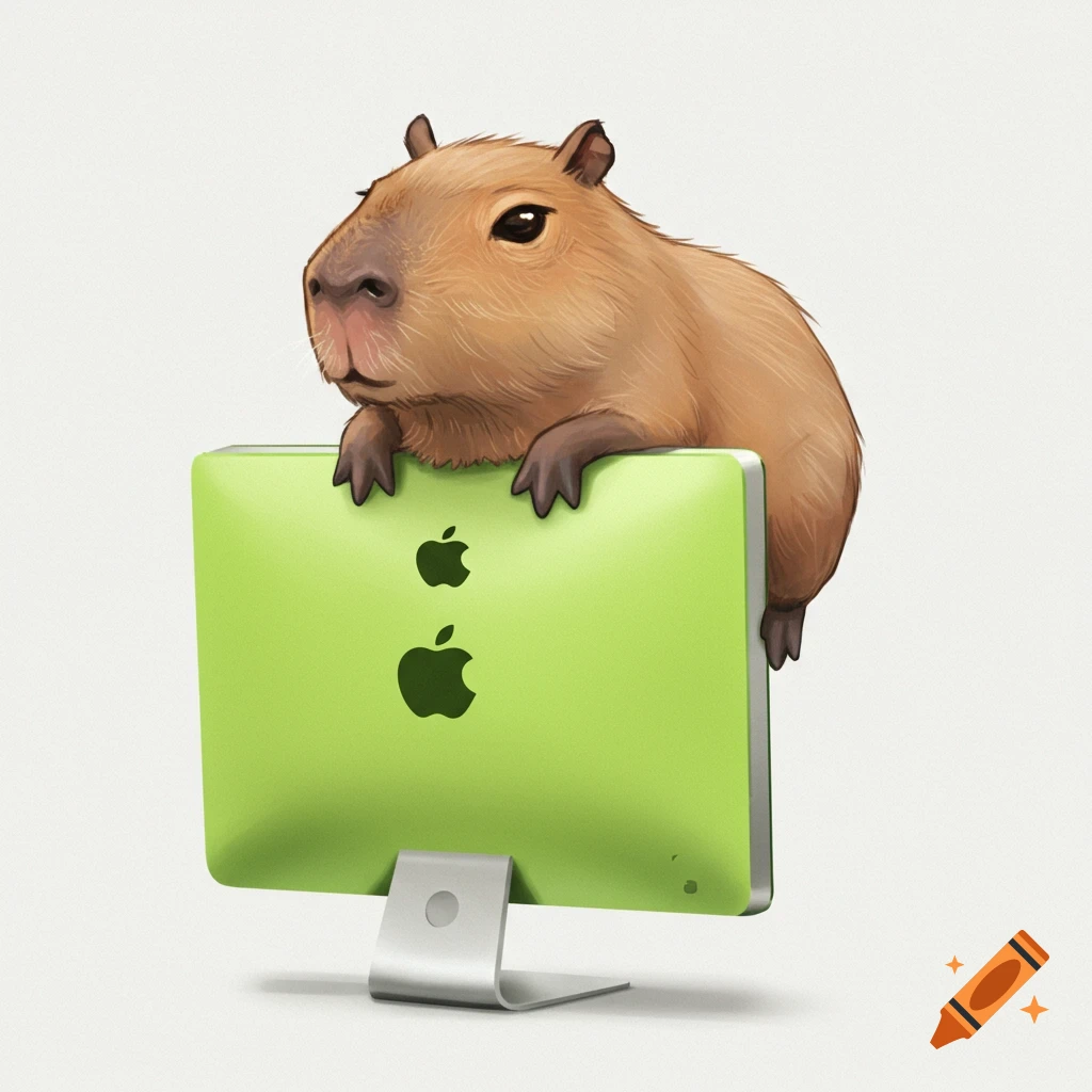 A capybara sitting on a green iMac.