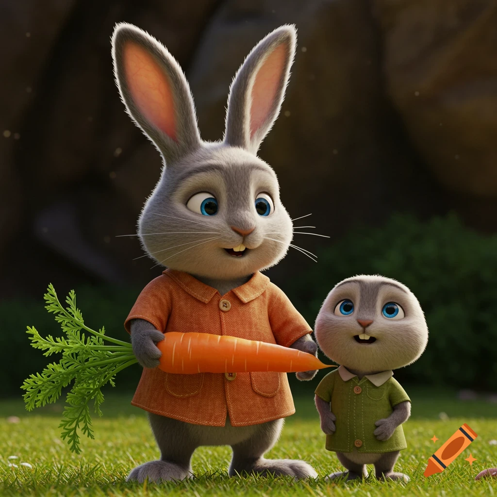 Animated rabbits, one holding a large carrot, stand on grass