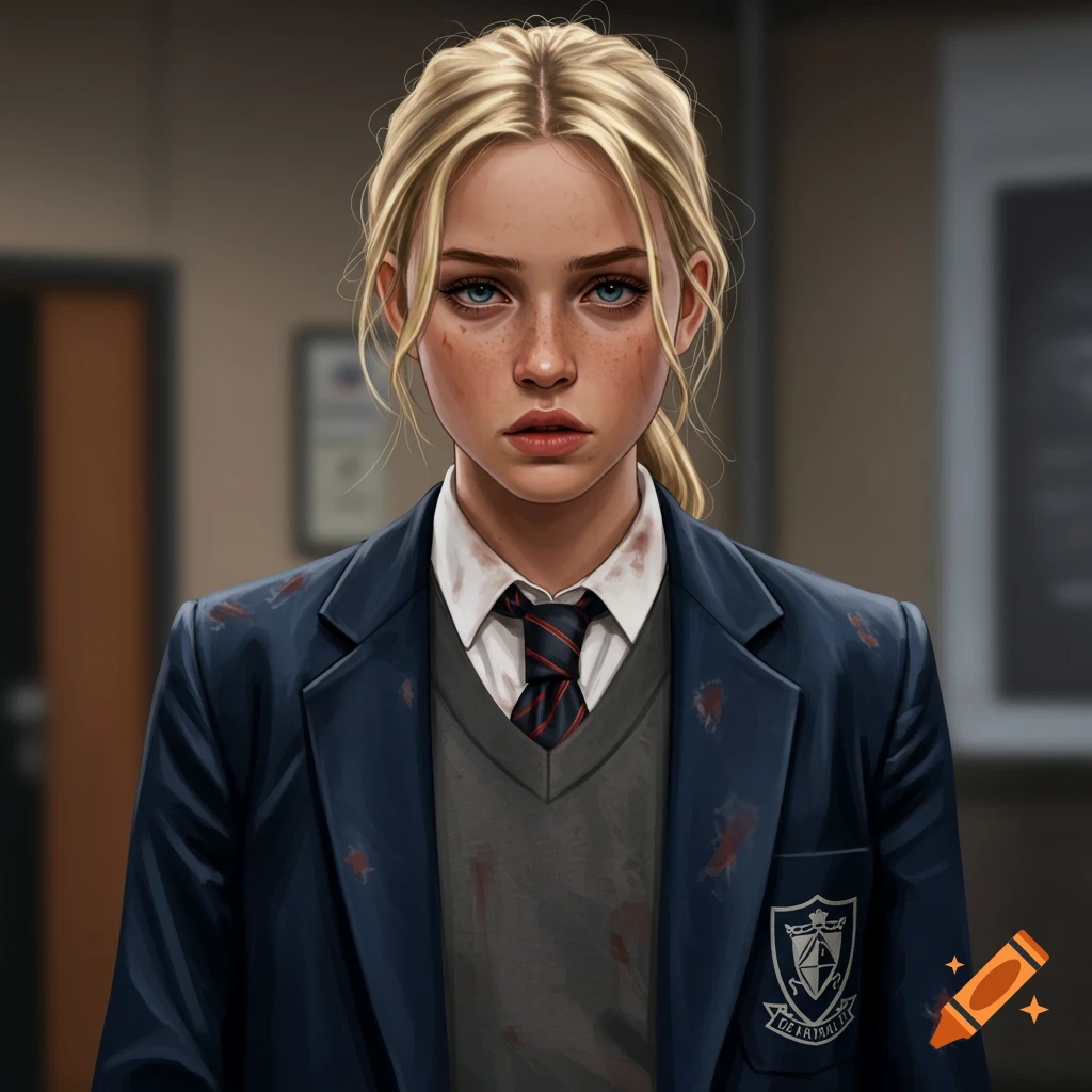 Portrait of a blonde female student in a rumpled school uniform stained with blood.