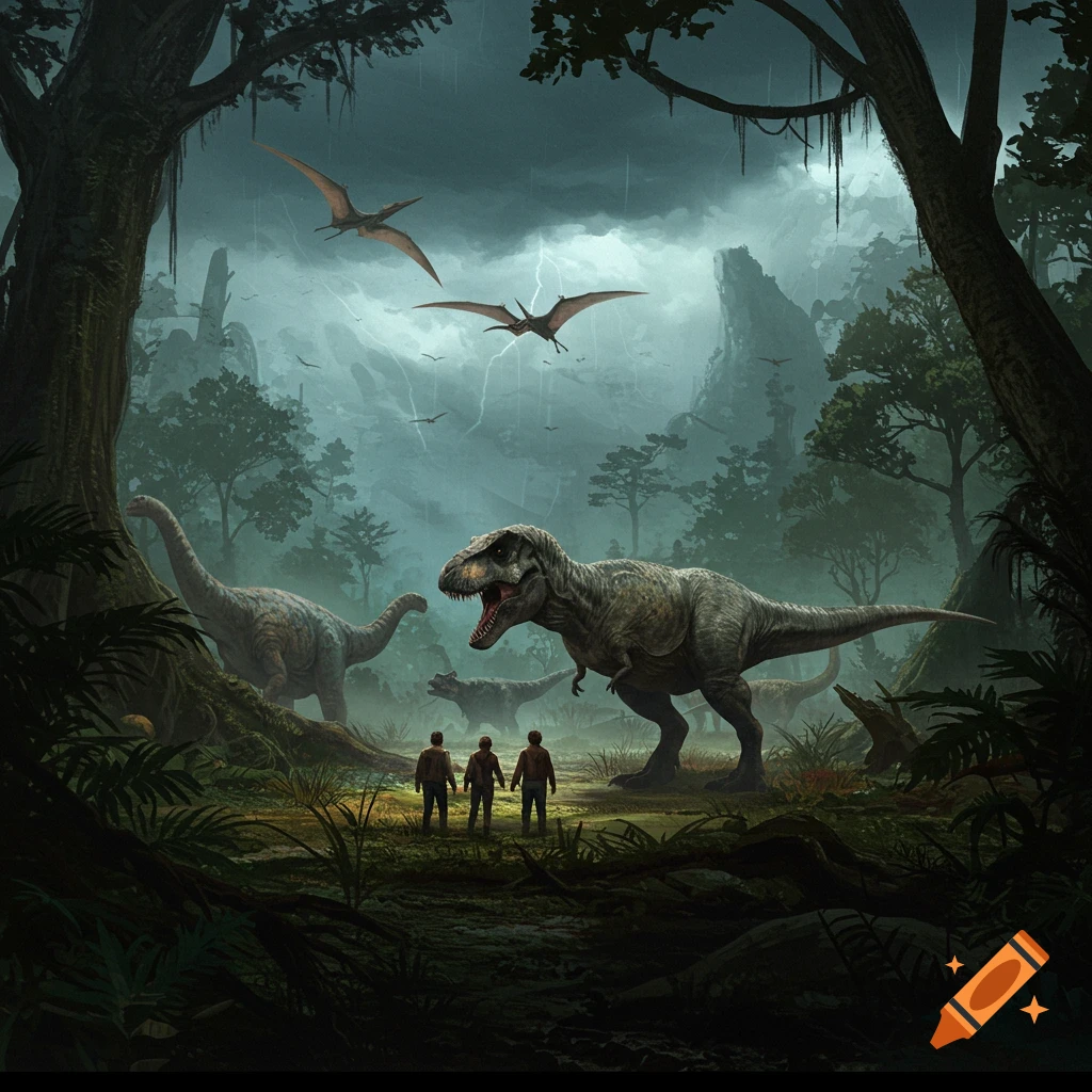 Humans facing a T-Rex and other dinosaurs in a dark jungle during a thunderstorm.