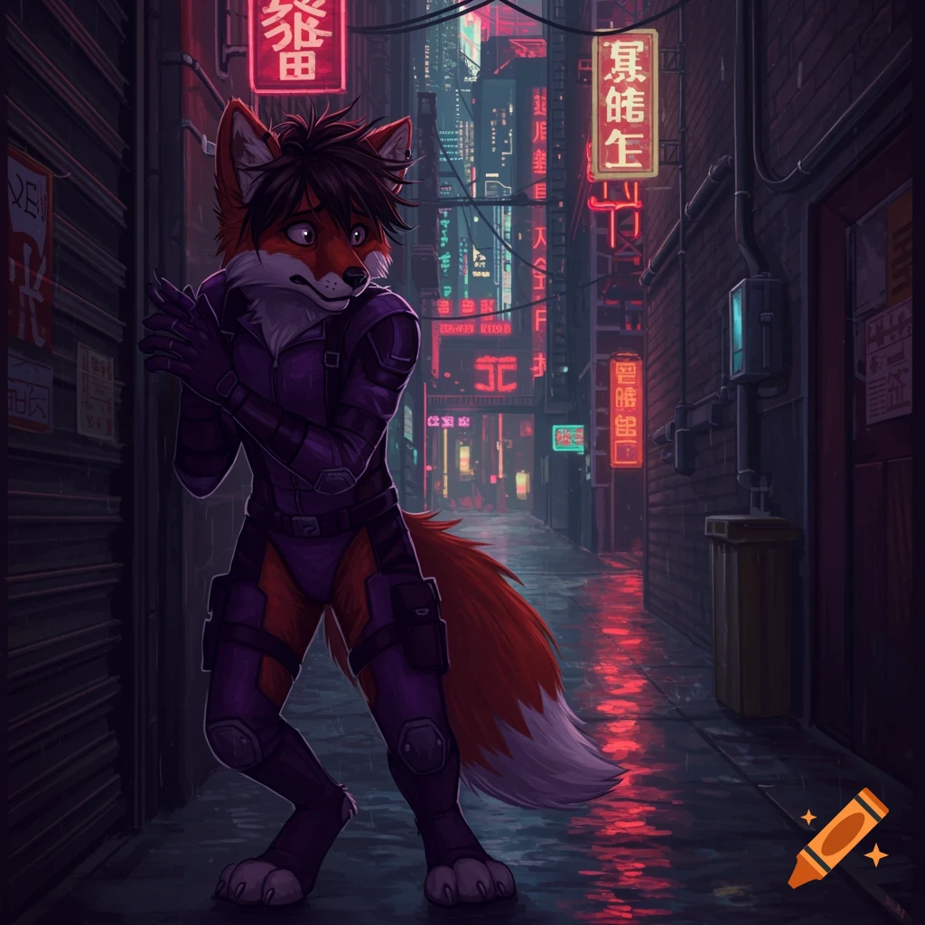 Anthropomorphic fox in purple suit stands nervously in a dark, neon-lit cyberpunk alley during rain. Furry art style.