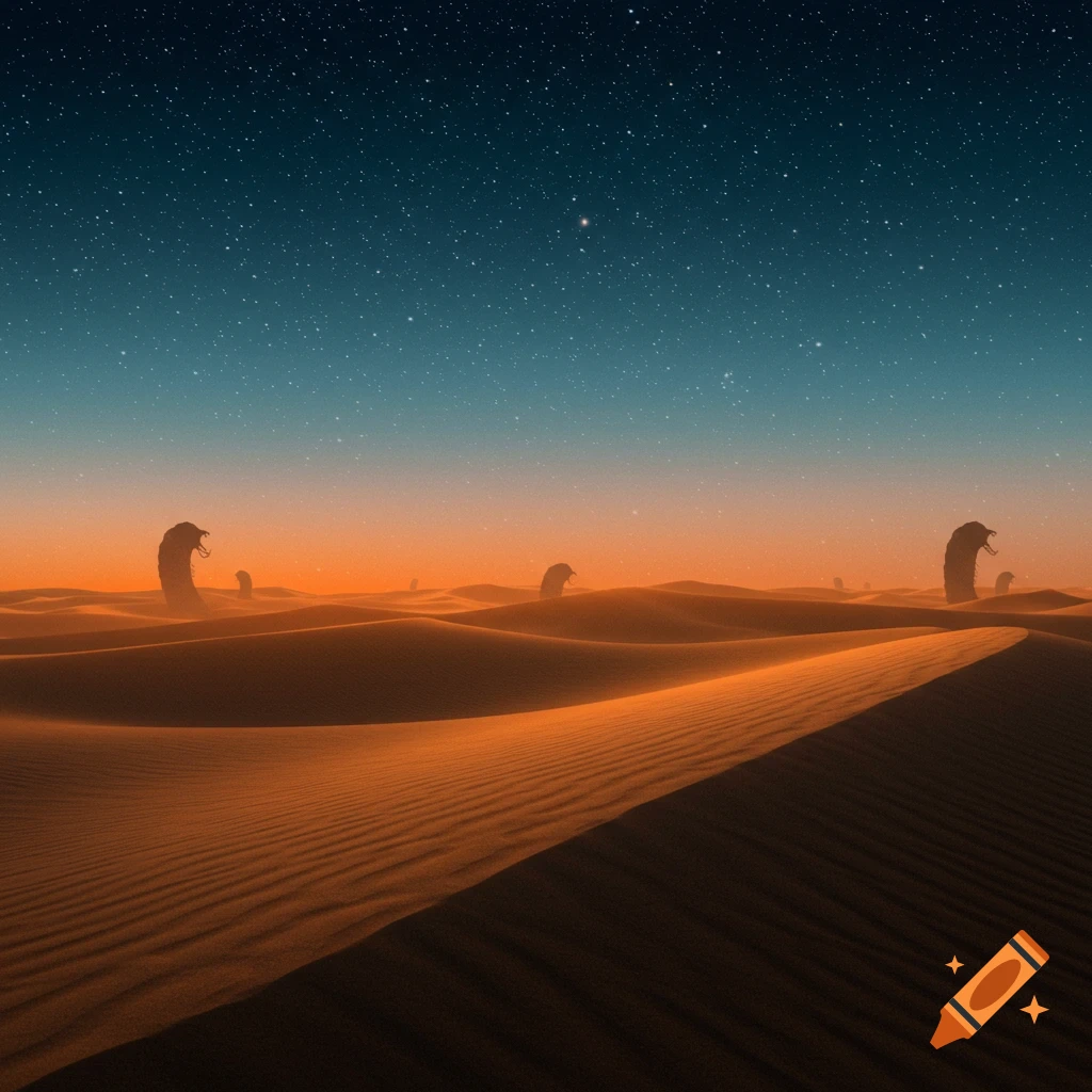 Sandworms rising from desert dunes under a starry night sky