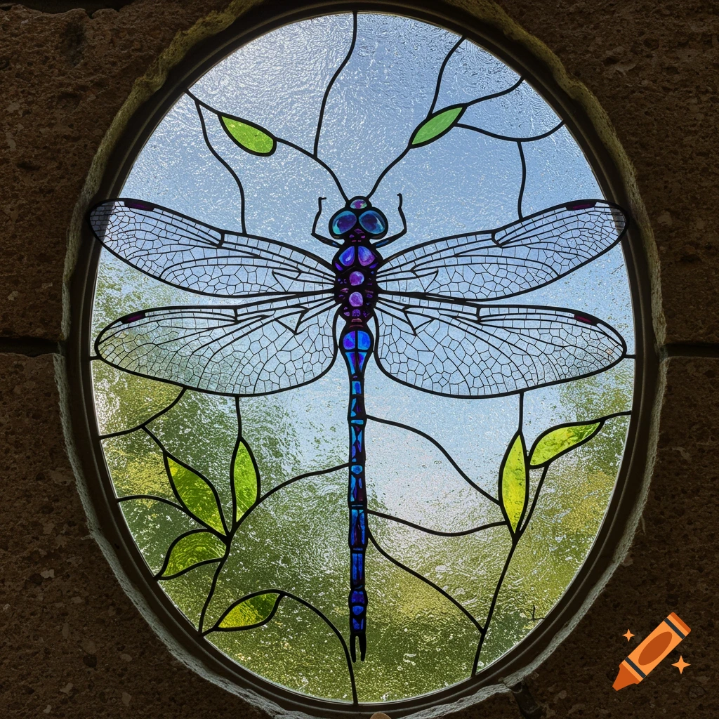 Oval stained glass window depicting a purple and blue dragonfly among green leaves.