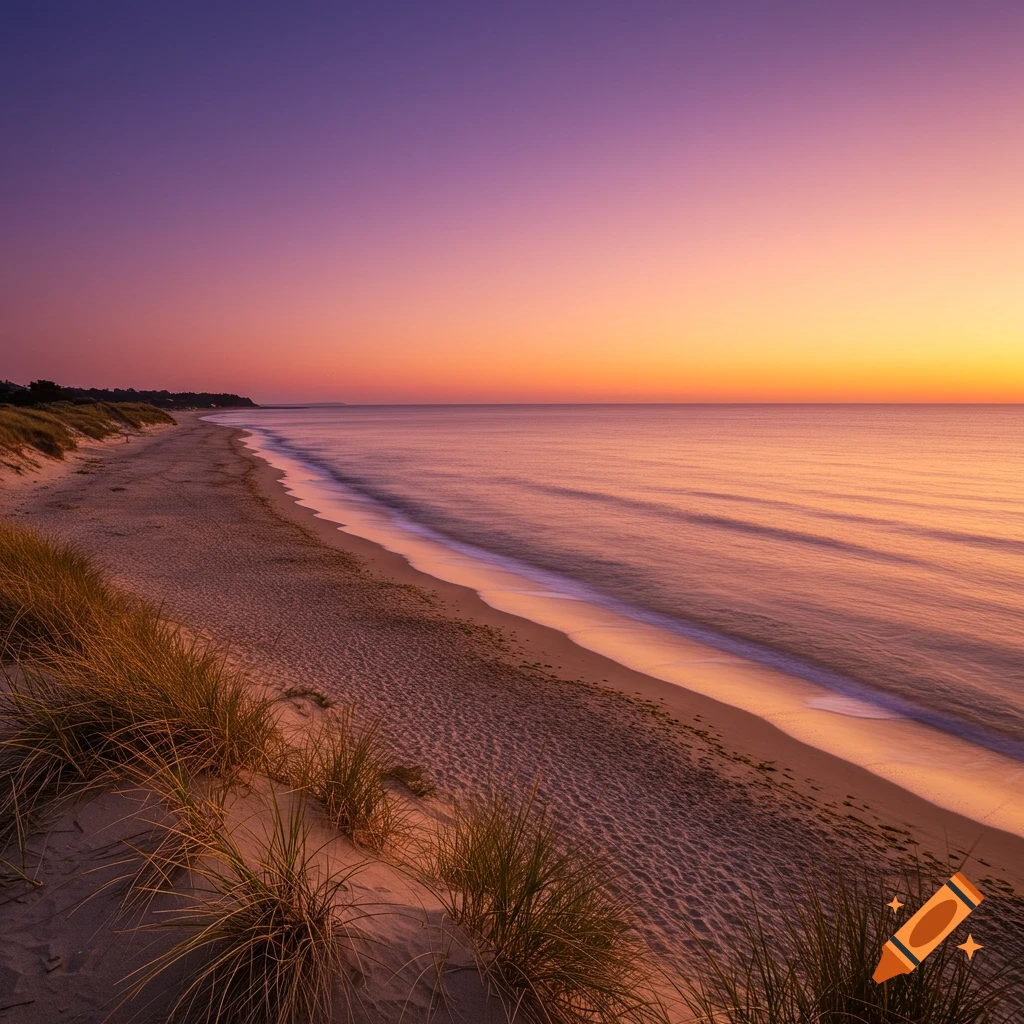 Photorealistic photo of a beach at sunset with calm waves and dunes.