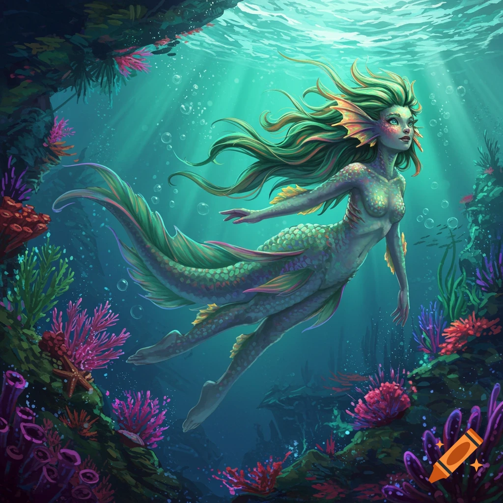 A mermaid swimming in a vibrant underwater fantasy realm with colorful coral.
