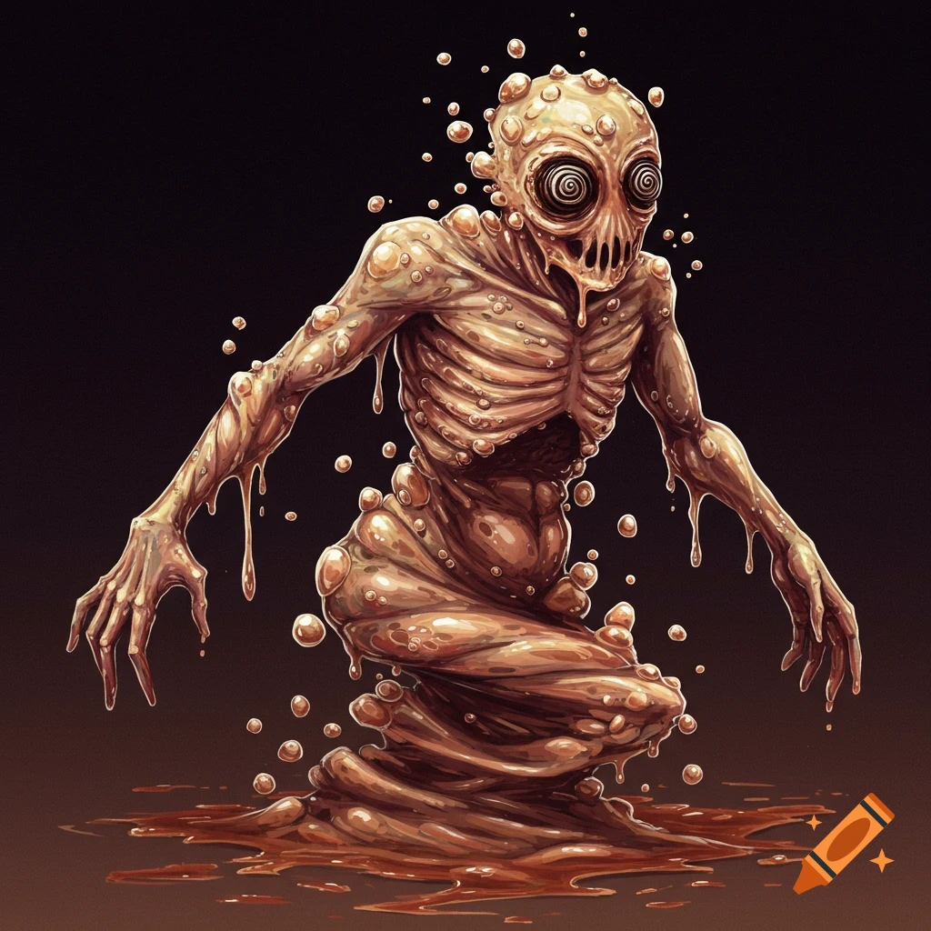 A humanoid monster figure made of bubbling, melting material with large eyes and visible ribs.