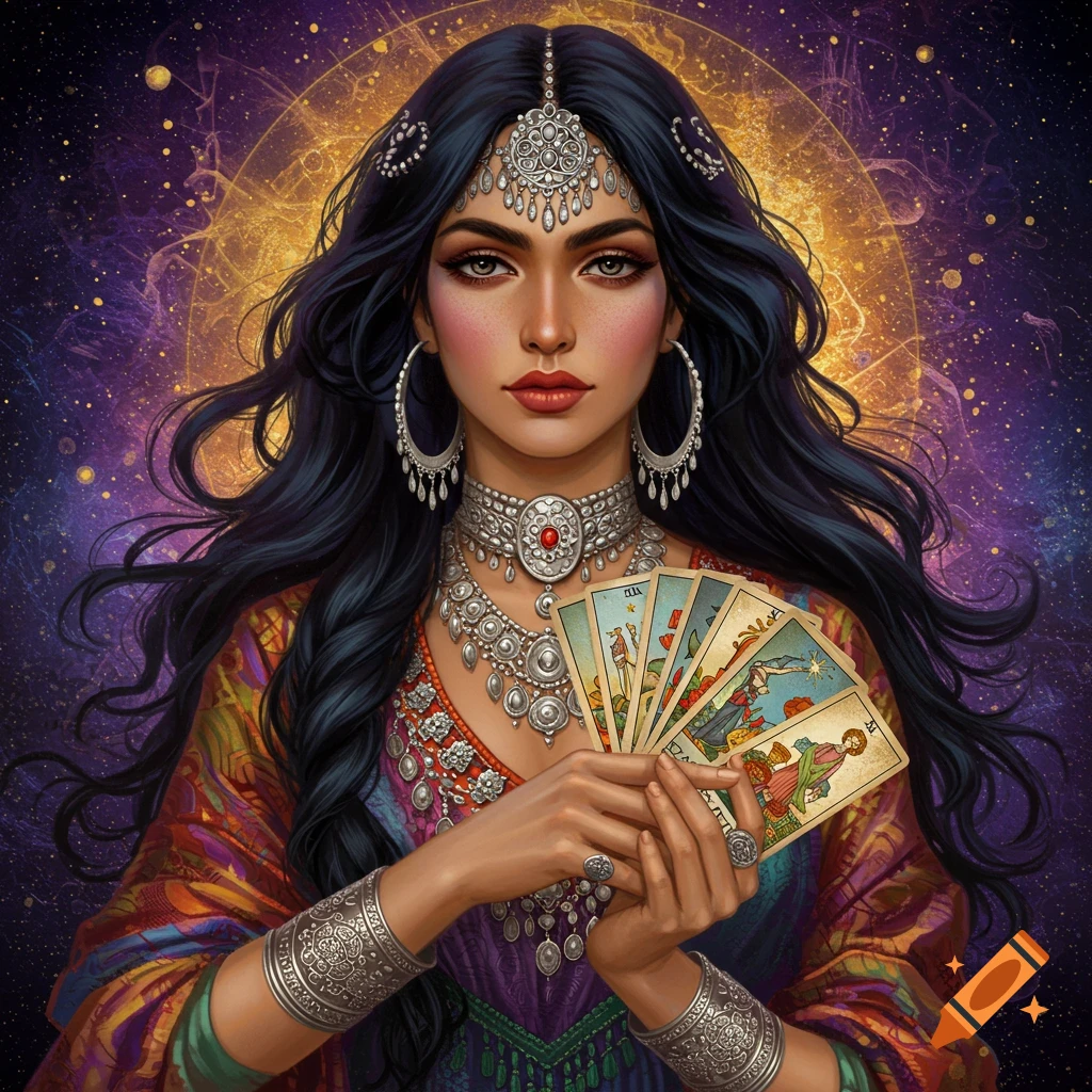 A beautiful woman holds tarot cards, adorned with elaborate jewelry, against a backdrop of astrological symbols.