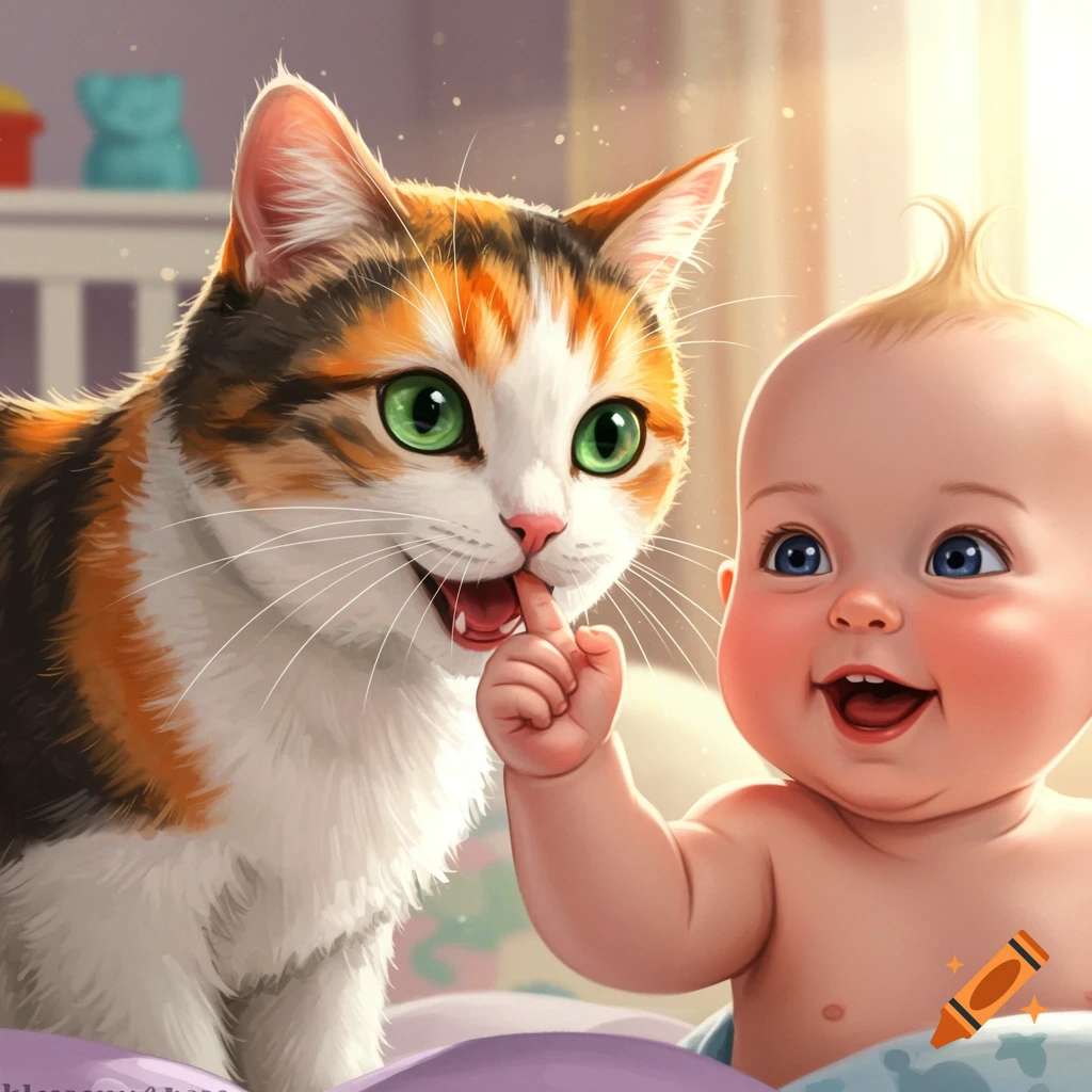 A cartoonish illustration of a calico cat playing with a baby.