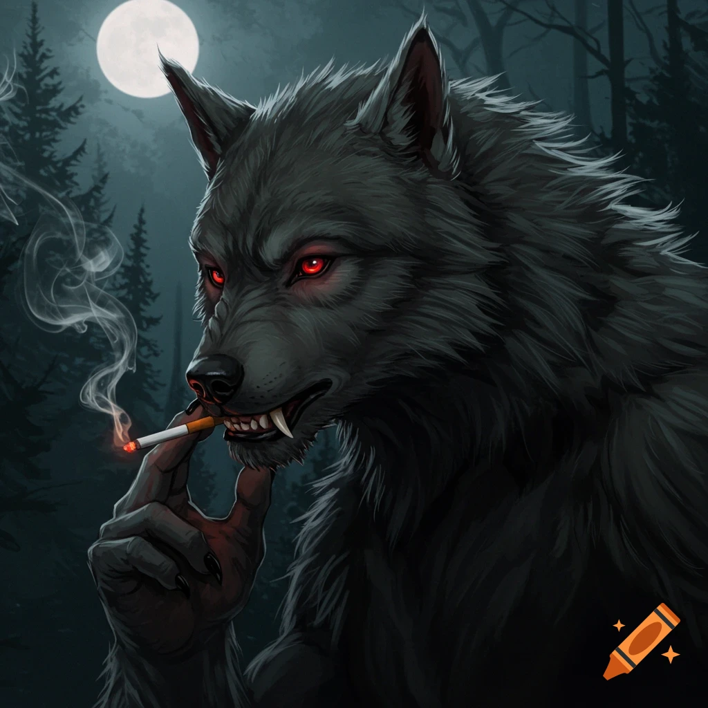 A werewolf smoking a cigarette at night under a full moon.