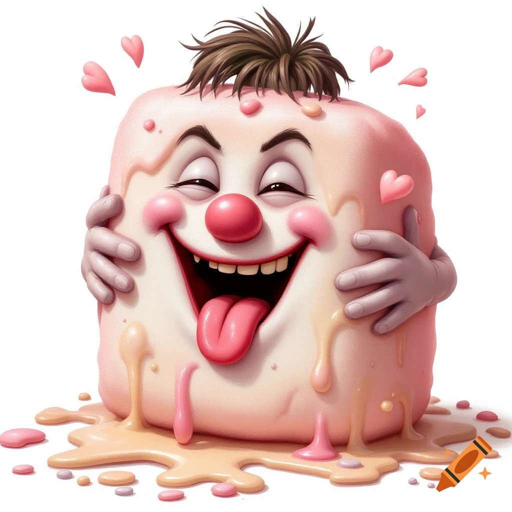 A melting pink cartoon character with a big smile and red nose hugging itself, with hearts