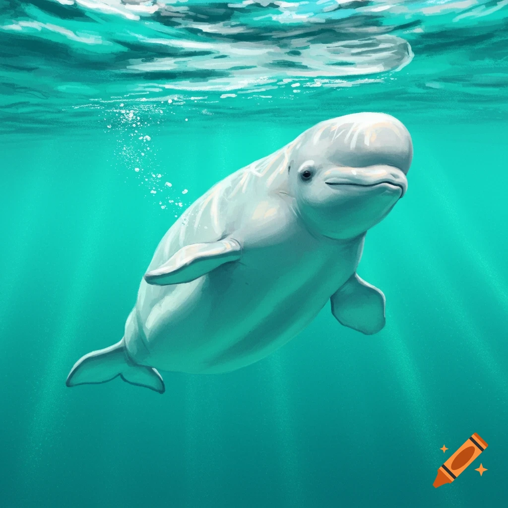 A beluga whale swimming underwater with light rays filtering down.