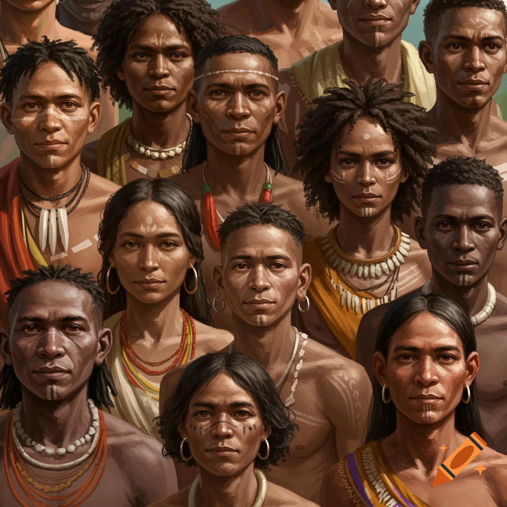 A detailed portrait of a diverse crowd of people with various skin tones, hair textures, and facial markings.