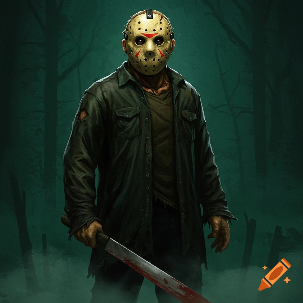 Jason Voorhees in a forest with a bloody machete