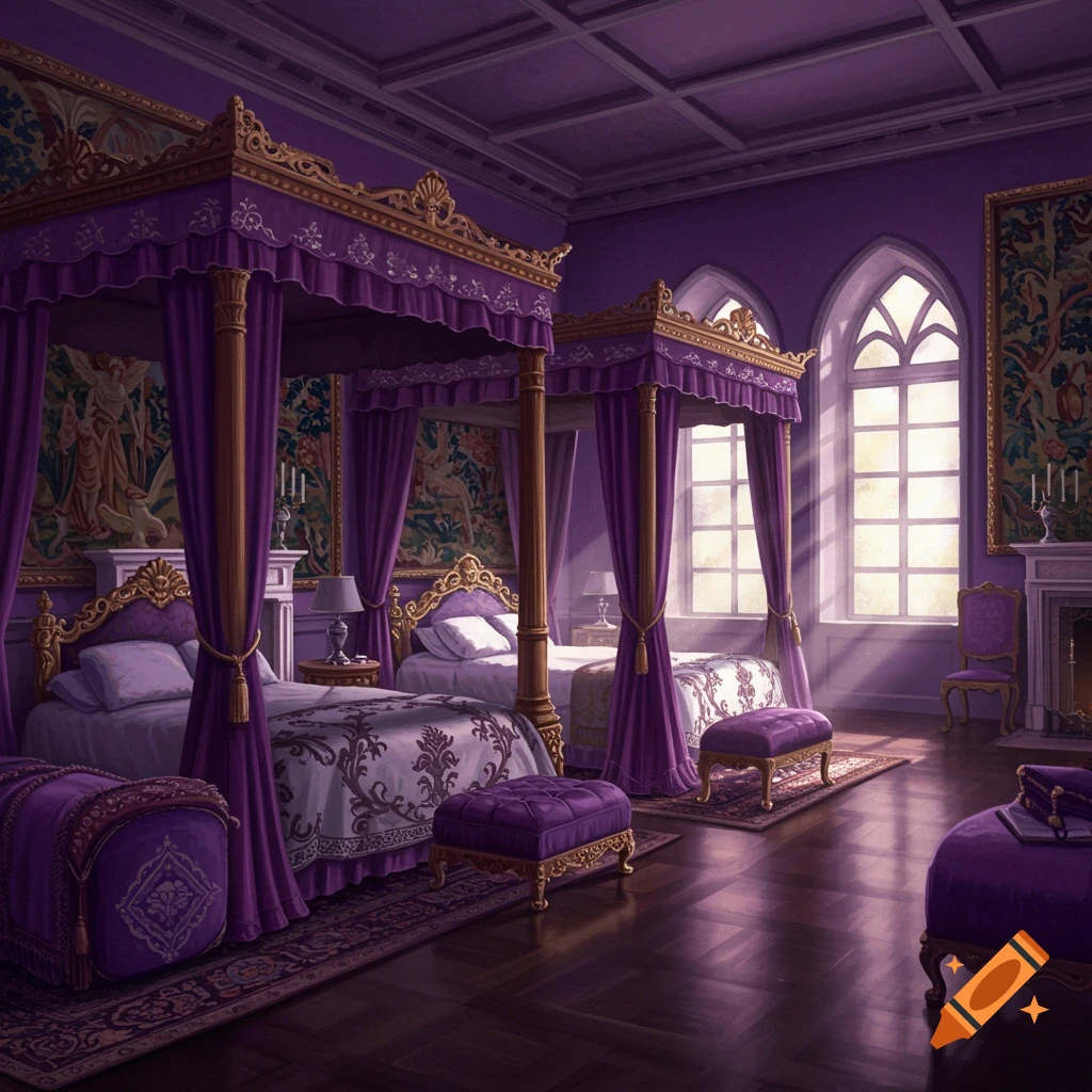 Regal purple bedroom with four-poster beds, tapestries, and arched windows in a castle.
