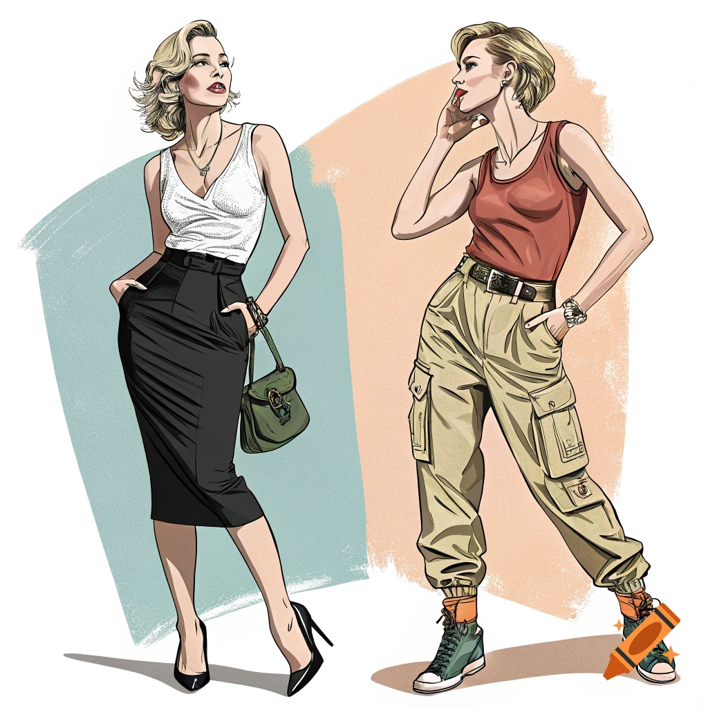 Illustration of two women, one in a black pencil skirt, the other in cargo pants, in a stylized fashion sketch look.