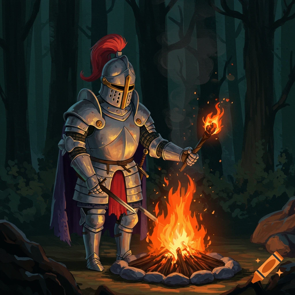 A knight in shining armor stands beside a large bonfire in a dark forest, holding a lit torch.