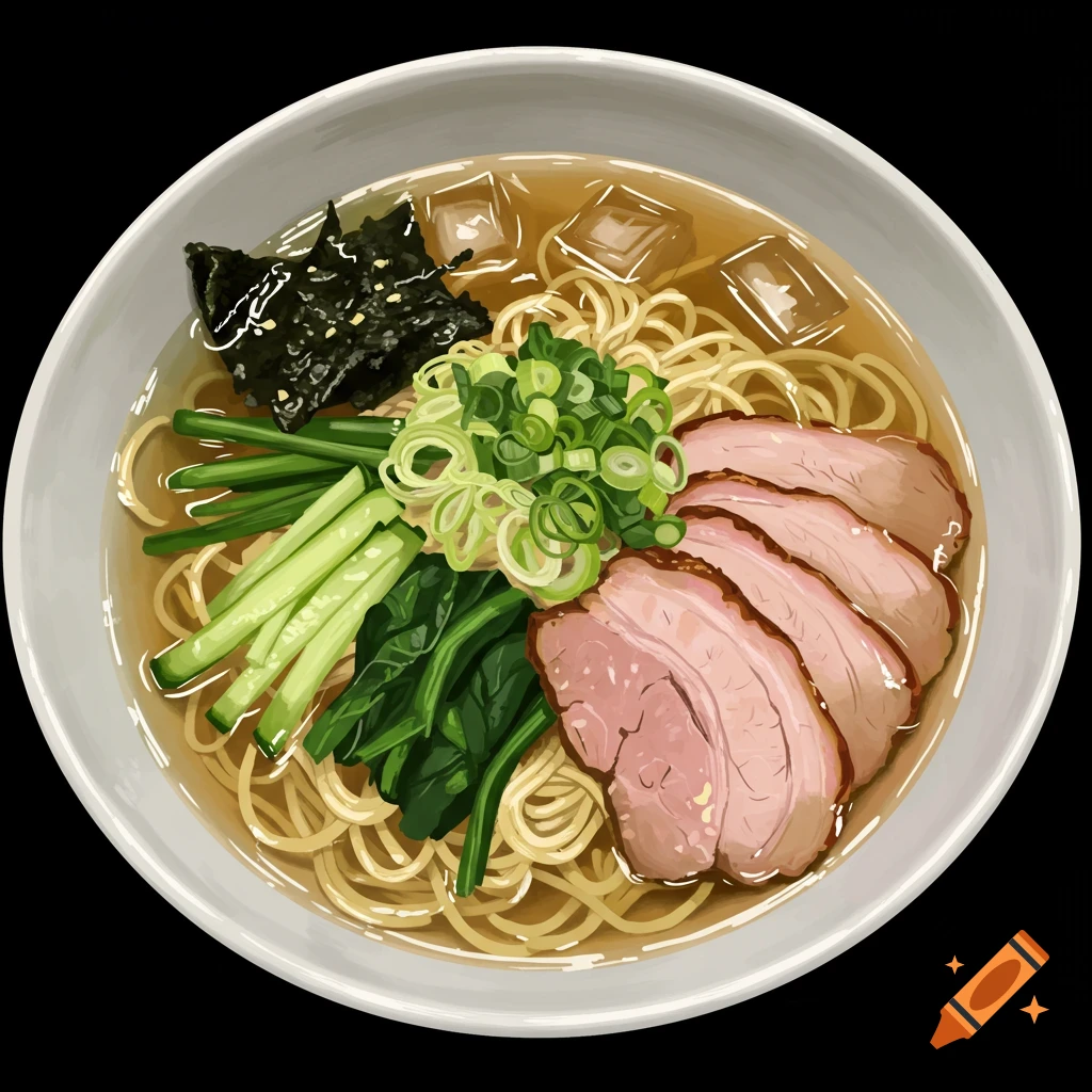 A bowl of cold ramen with pork, noodles, vegetables, and ice cubes.