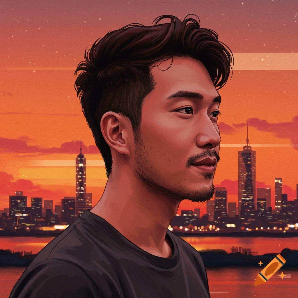 An Asian man with a goatee is shown against a city skyline at sunset.