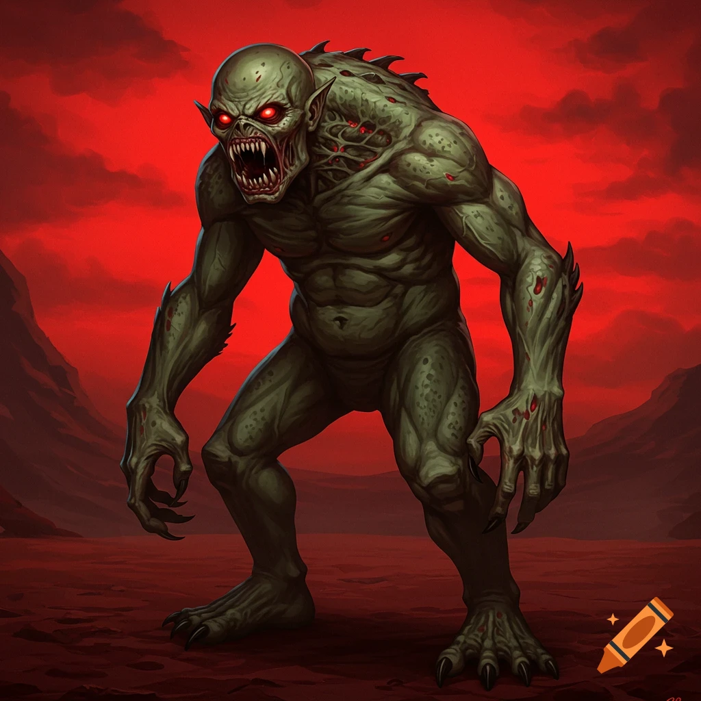 A green humanoid monster with red eyes, sharp teeth, and claws stands in a red rocky landscape.