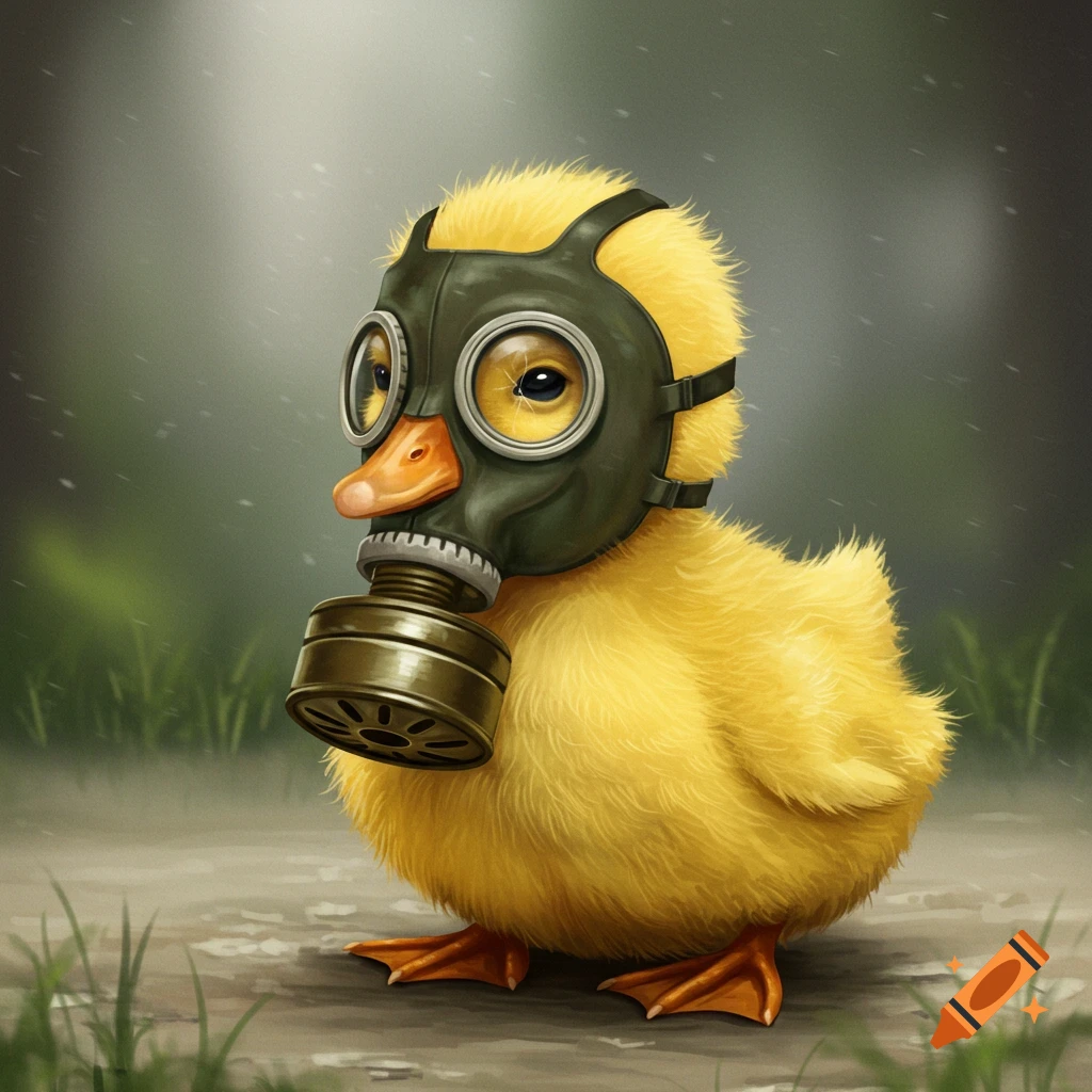 A yellow duckling wearing a gas mask.