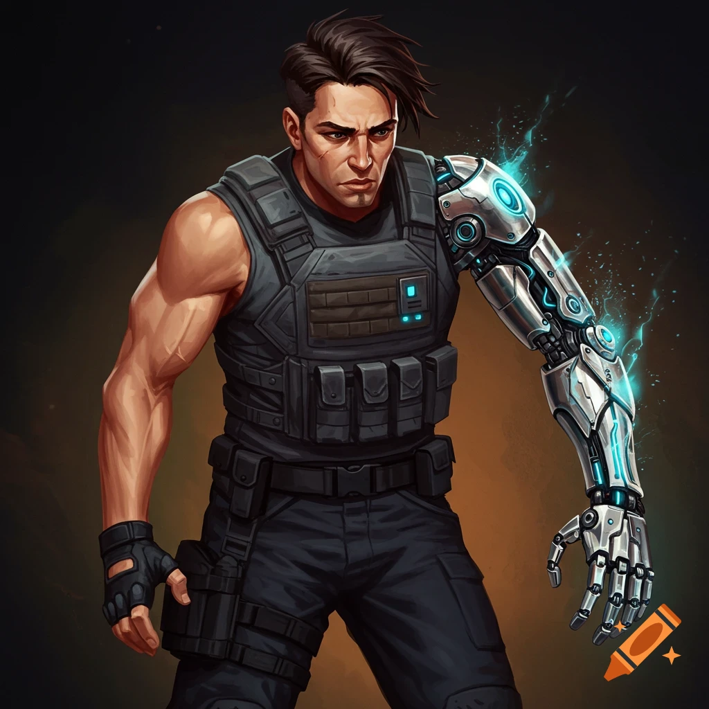 A character in tactical gear with a bionic arm.