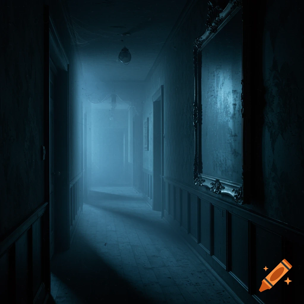 Dark, foggy hallway in a haunted house with a fancy mirror