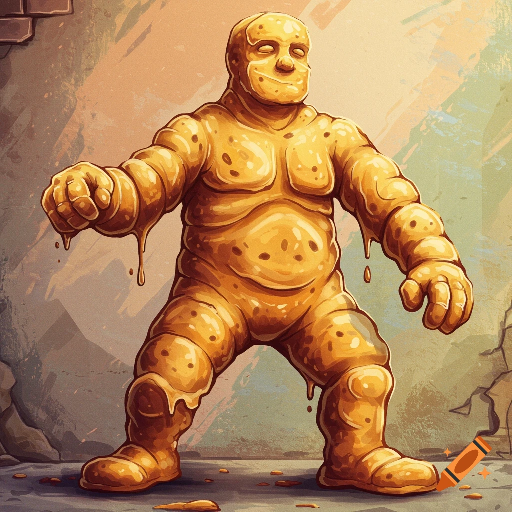 A stylized image in vintage graffiti style depicts a distorted dough man creature standing in a dilapidated alleyway.