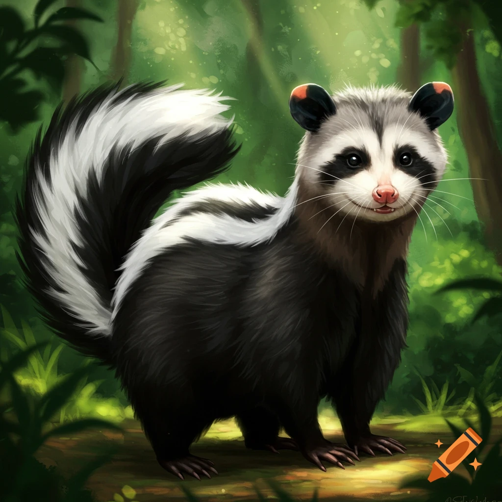 A skunk-opossum-raccoon hybrid animal in a forest.