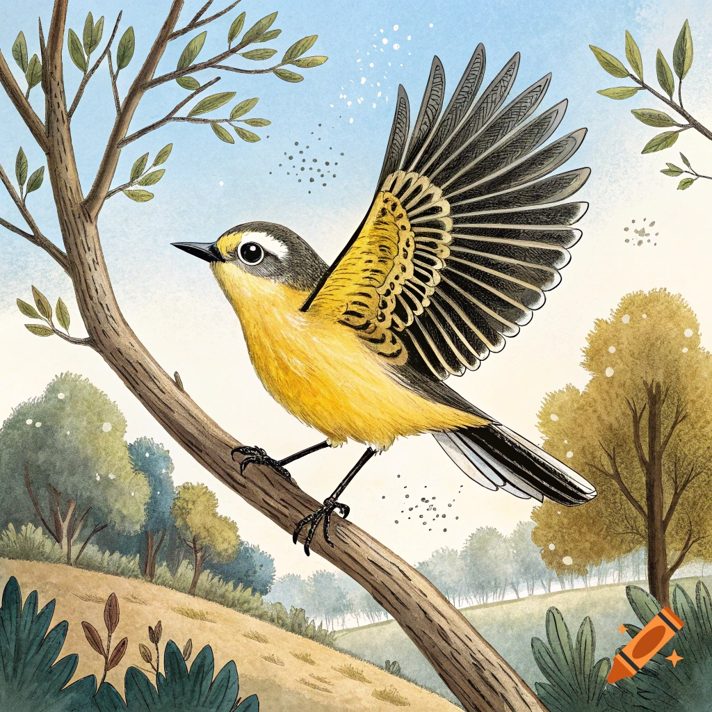 A yellow and black bird with wings spread perches on a branch in a watercolor illustration.