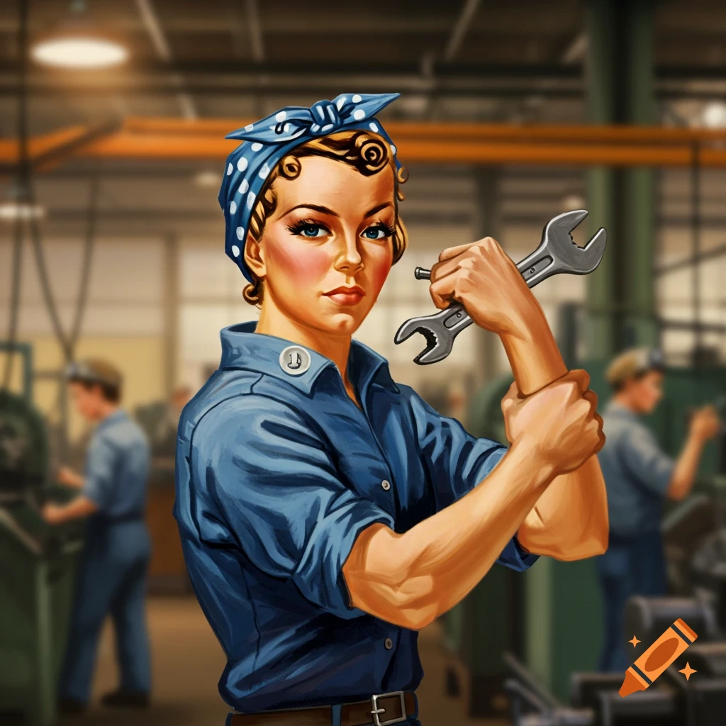 Painting of a woman like Rosie the Riveter flexing her arm and holding a wrench in a factory.