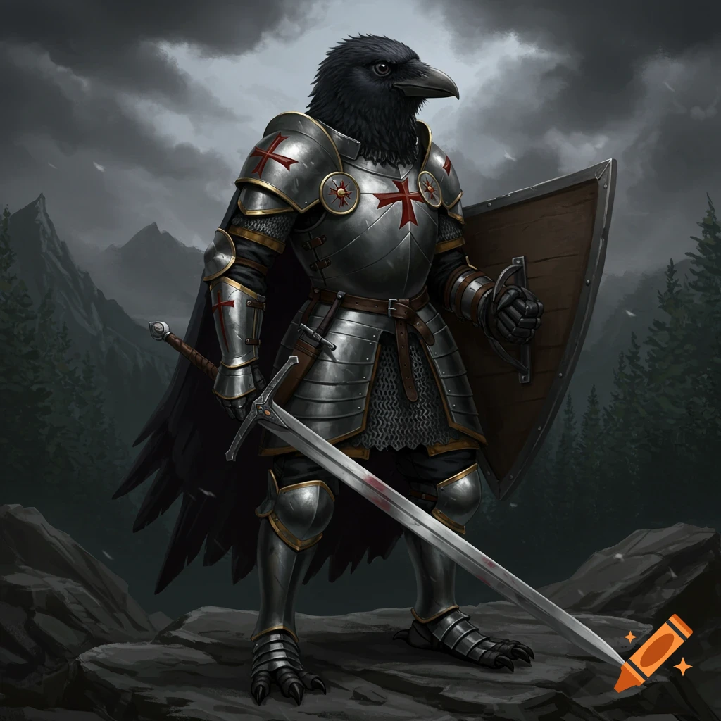 A raven-headed knight in silver armor with a sword and shield.