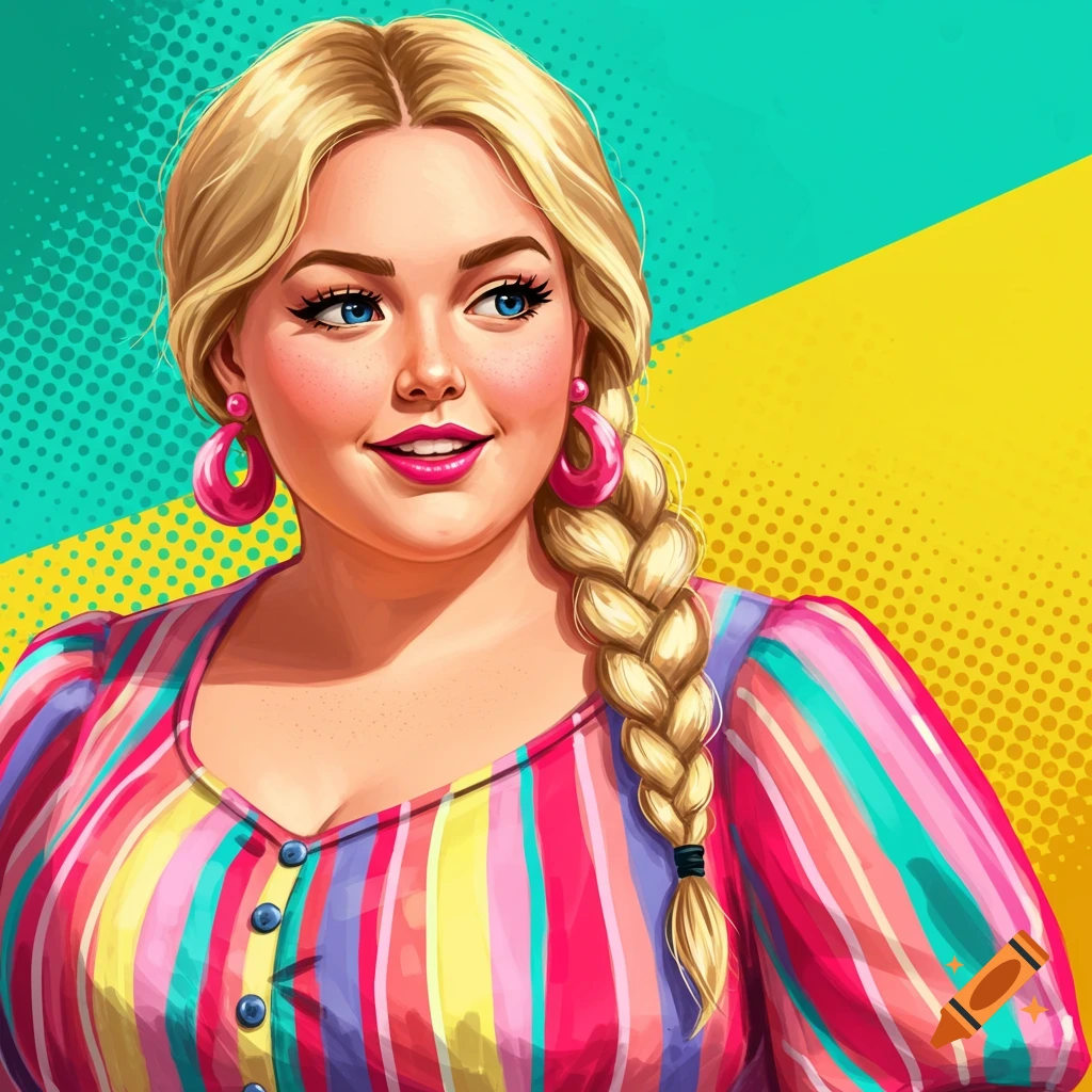 A plus-sized blonde woman with a long braid and pink hoop earrings smiles, wearing a colorful striped blouse, against a pop art background.