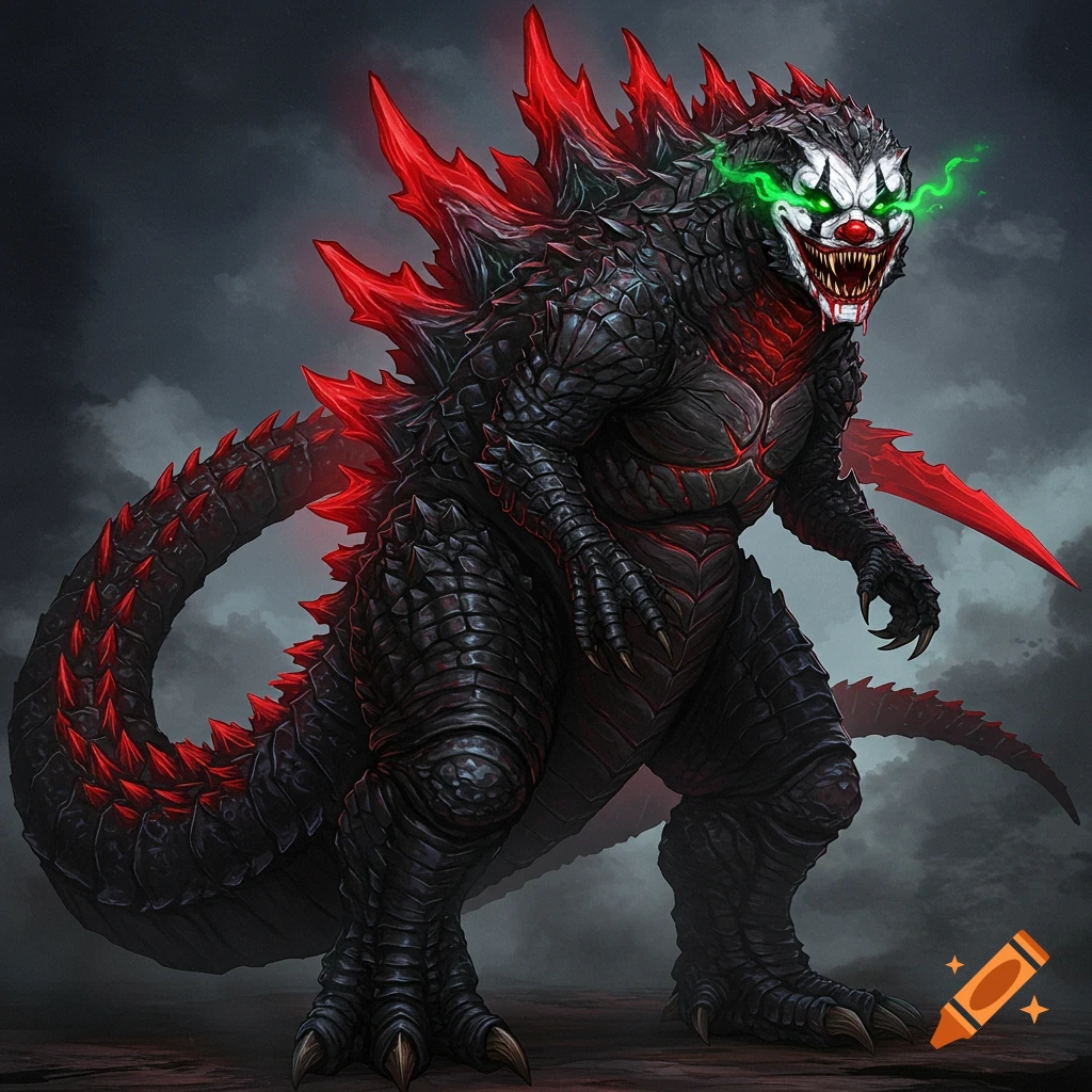 A dark kaiju monster like Godzilla with clown makeup, glowing red spines, and green eyes stands under a cloudy sky.