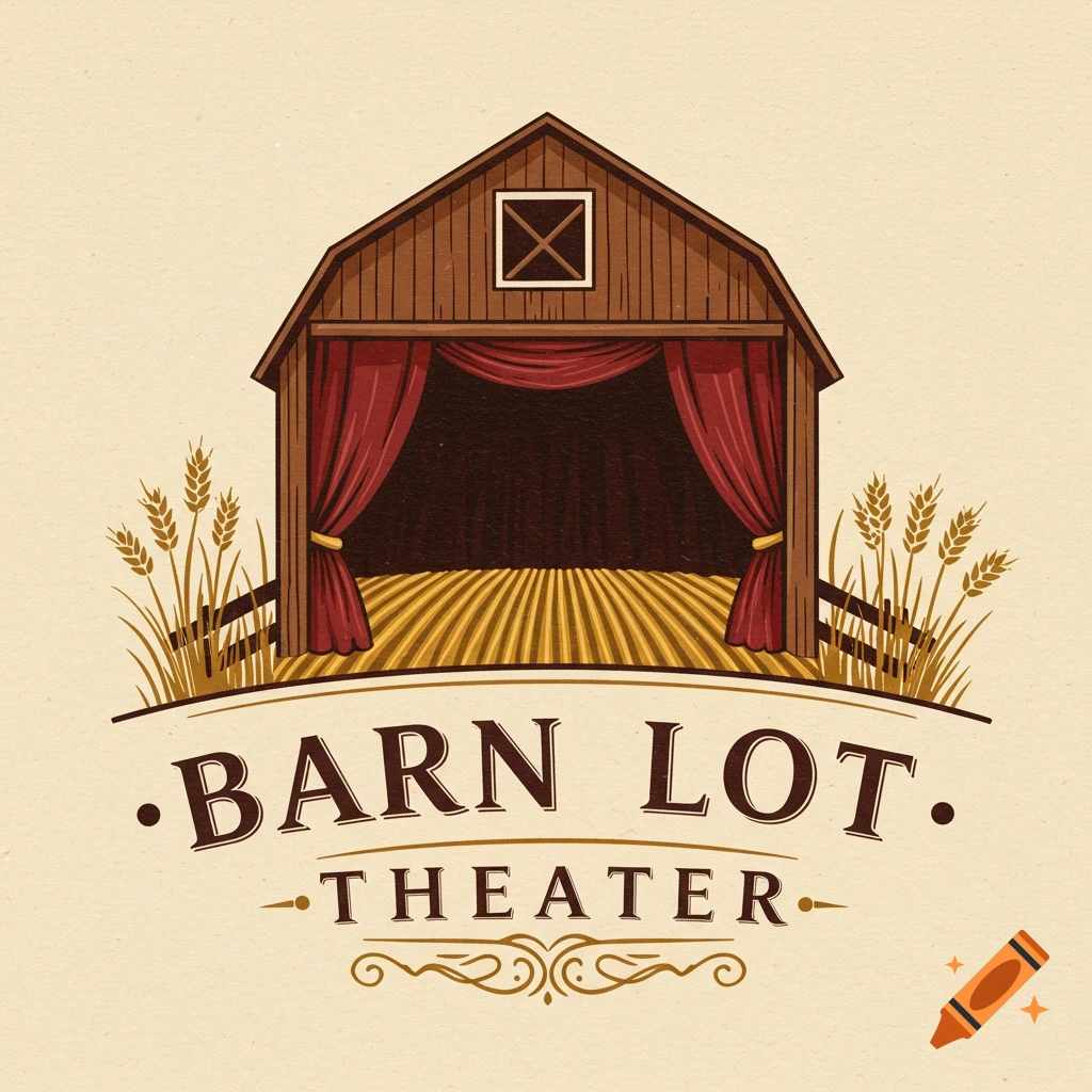 Logo for Barn Lot Theater featuring a barn stage with red curtains and wheat stalks.