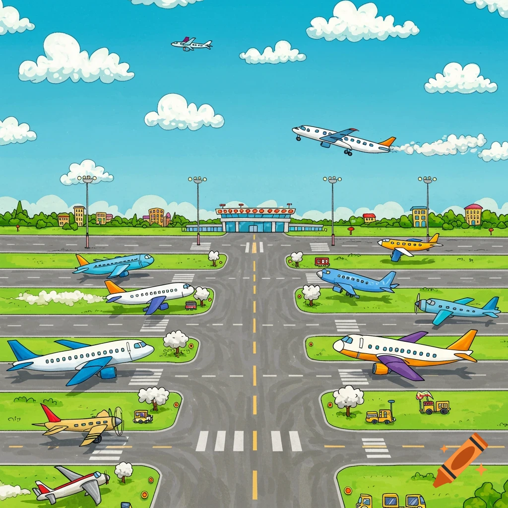 Cartoon airport scene with many colorful airplanes on taxiways and in the sky, viewed from a central perspective.