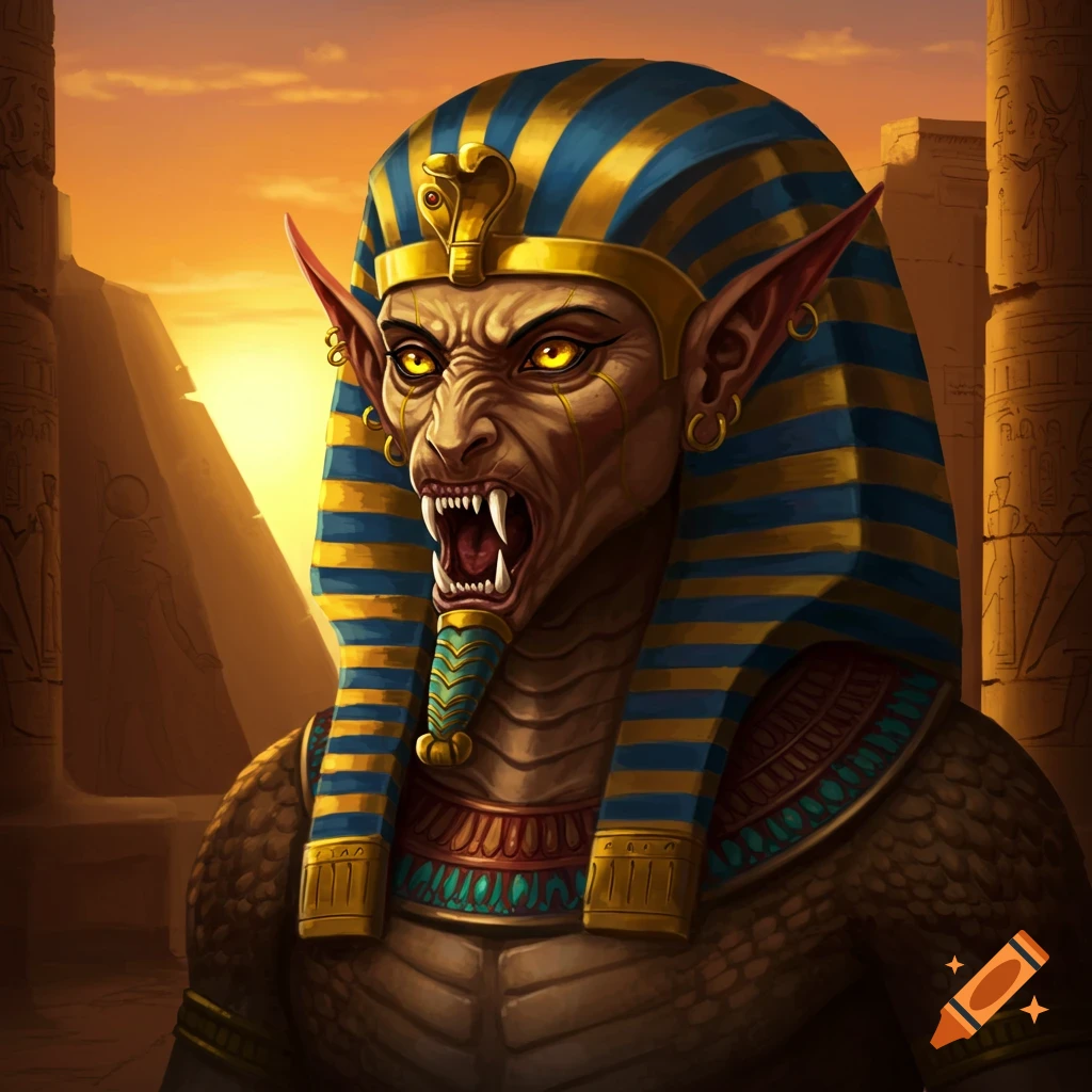 An Egyptian humanoid monster with glowing yellow eyes, sharp teeth, and a pharaoh's headdress stands among ruins.