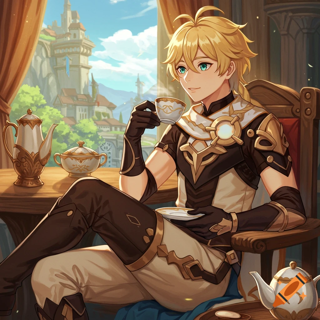 Aether from Genshin Impact sits in a chair, drinking tea by a window overlooking a city.