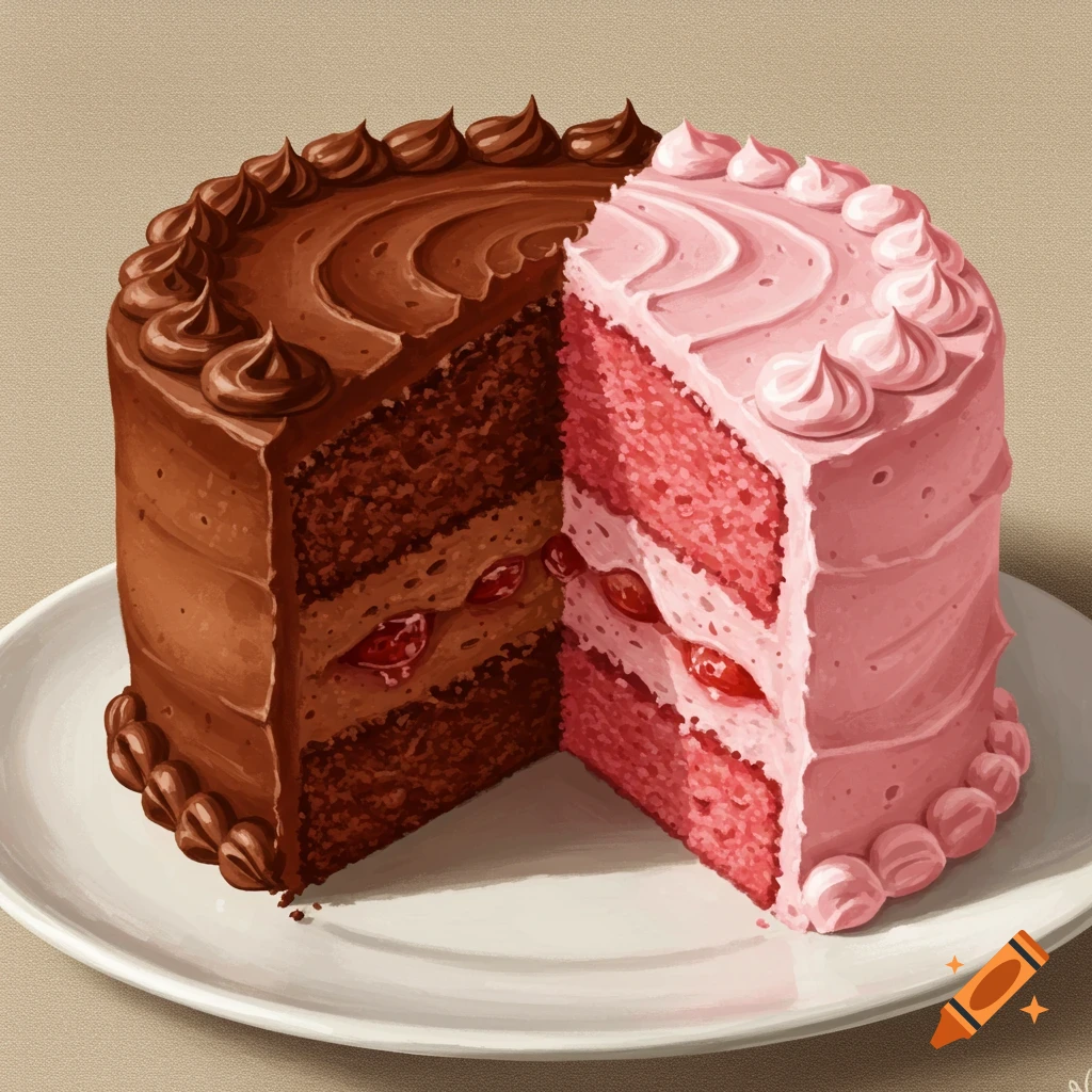 A cake split in half, showing a chocolate side and a pink strawberry side.