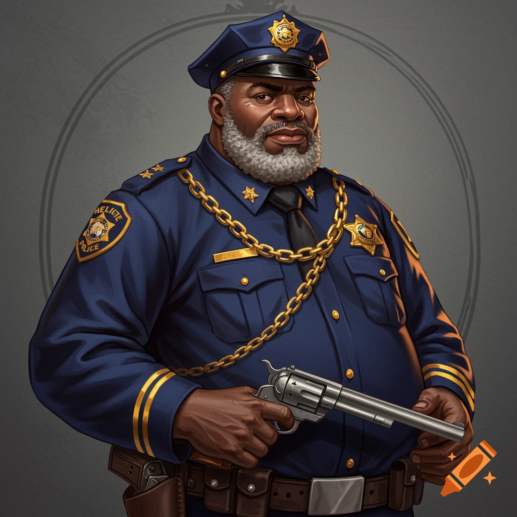 RPG portrait of an older Black police chief in blue uniform with gold chain, holding a revolver.