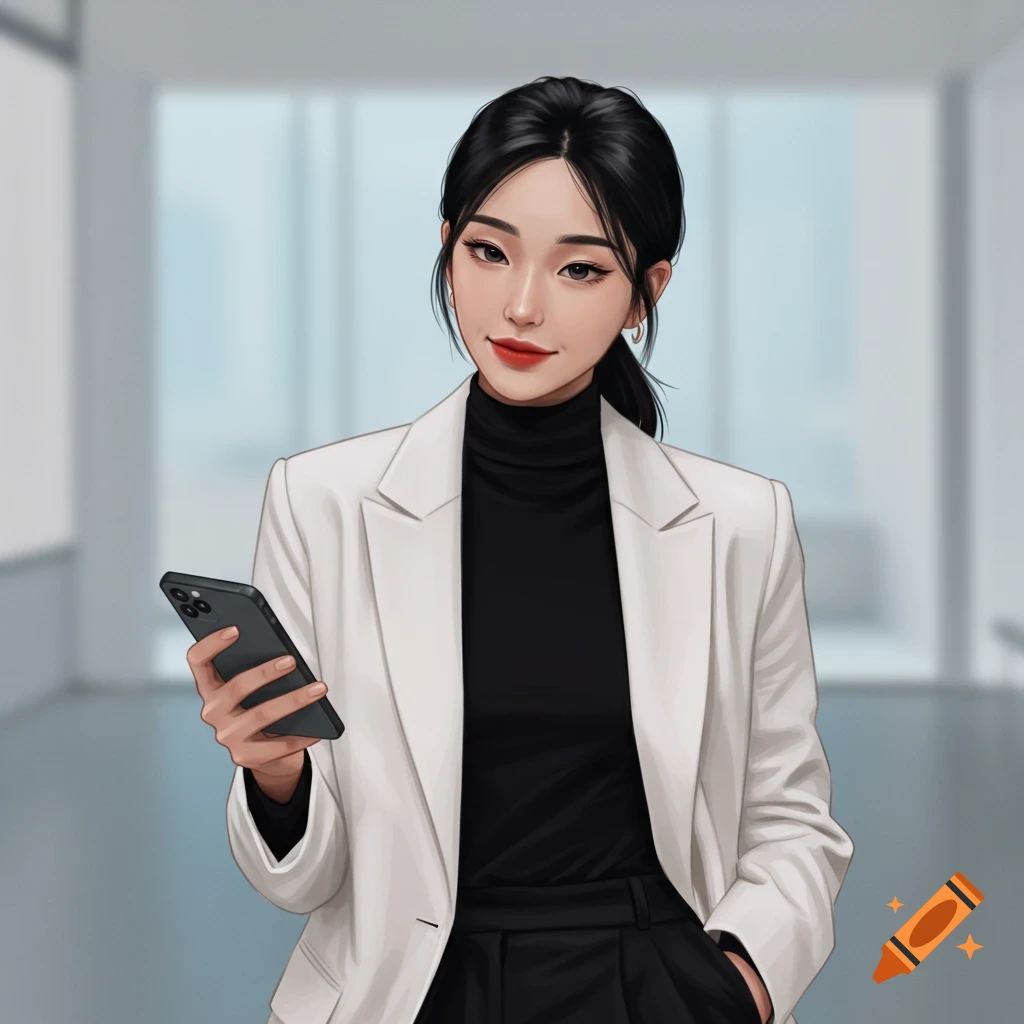 A woman in business attire holding a smartphone in an office