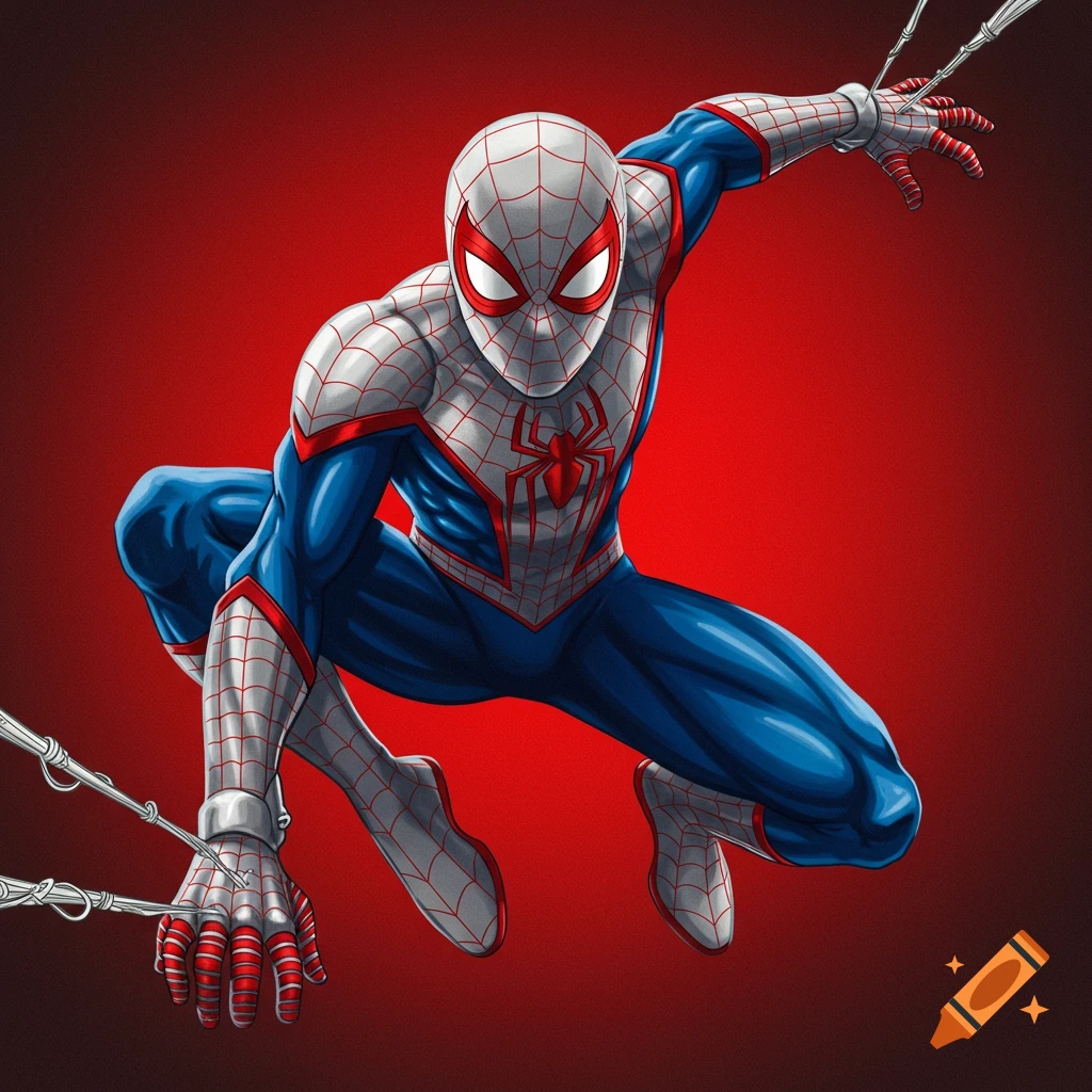 Spiderman in a white, blue, and red suit crouching and shooting webs.