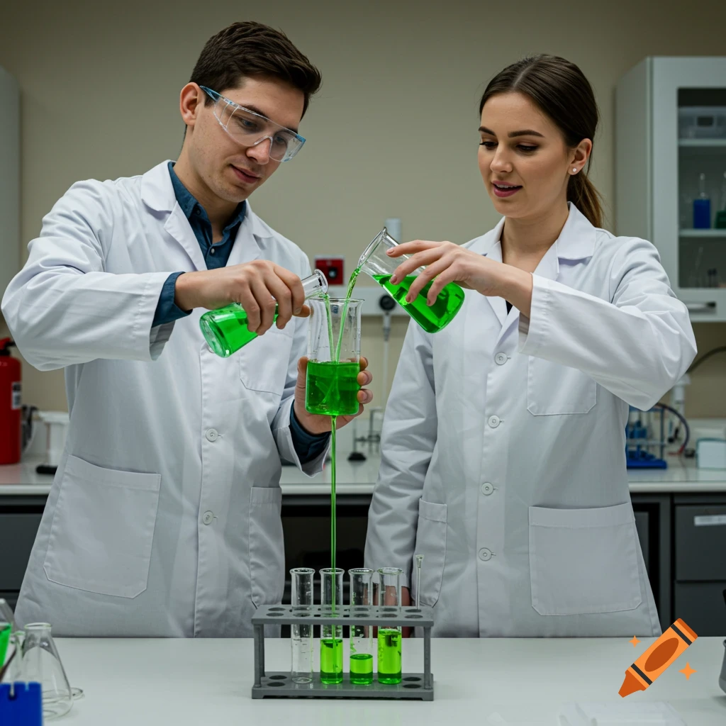 Man and woman in lab coats pour green liquid into test tubes in a laboratory.